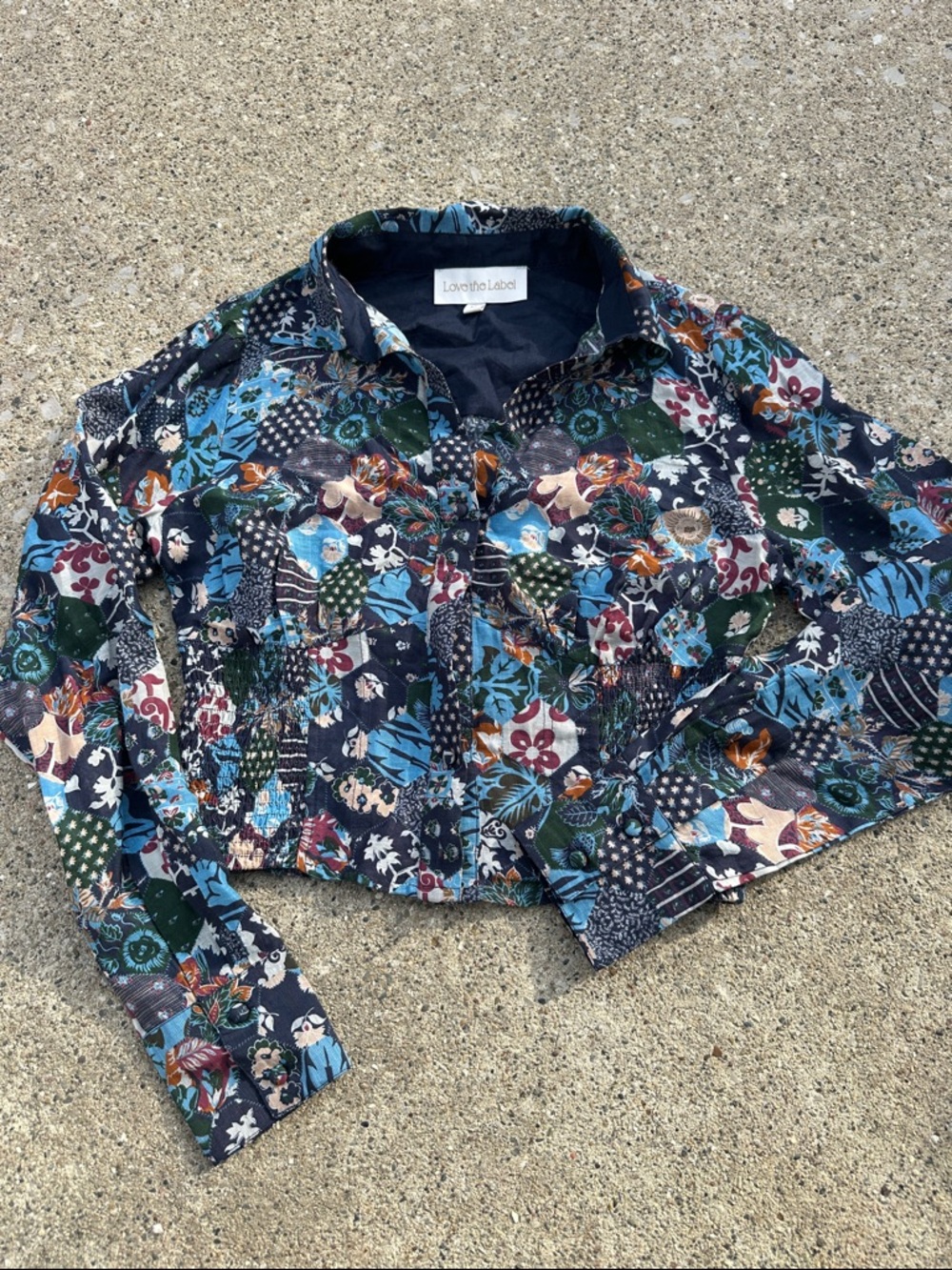 Love The Label XS Floral Patchwork Button-Front Crop Blouse - Teal & Black - Picture 3 of 9